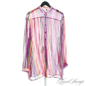 VINTAGE 1980S-90S GOTTEX RAINBOW BRUSHSTROKE SHEER CHIFFON SHIRT DRESS L